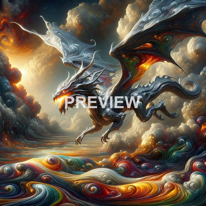 A fantastical, swirling depiction of a fierce dragon with metallic, swirling textures, glowing eyes, and fiery accents, soaring through a colorful, turbulent sky filled with dramatic clouds.
